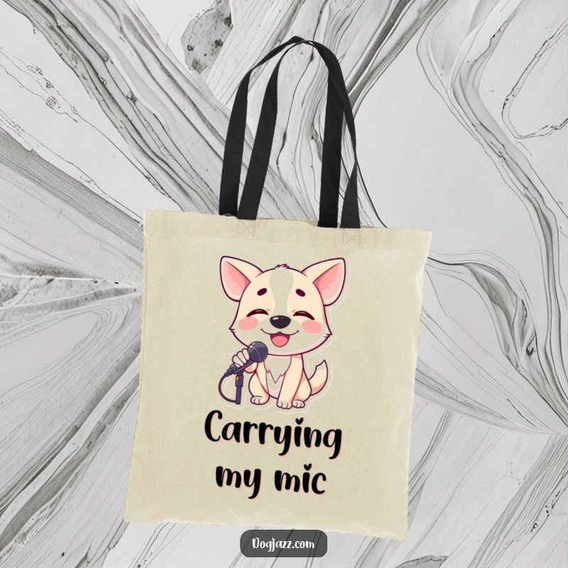 Funny dog crooning into a microphone with closed eyes, a musical maestro ready for anything on a tote bag.