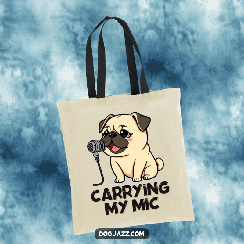 Funny Pug Rockstar Tote Bag with a pug singing into a vintage microphone, perfect for carrying music gear and applause.