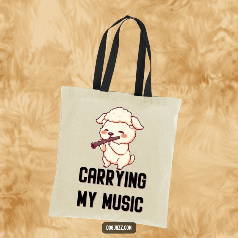 Funny tote bag with a joyful sheepdog character enthusiastically playing a clarinet, perfect for music lovers on the go.