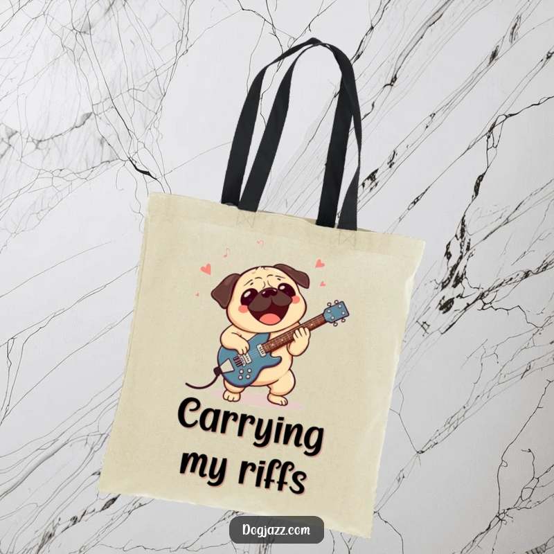 Funny tote bag with an excited pug character enthusiastically playing a jazz guitar, perfect for music lovers on the move.
