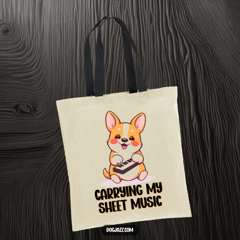Funny corgi tote bag featuring an energetic dog playing piano keys with its paws, ready for travel.