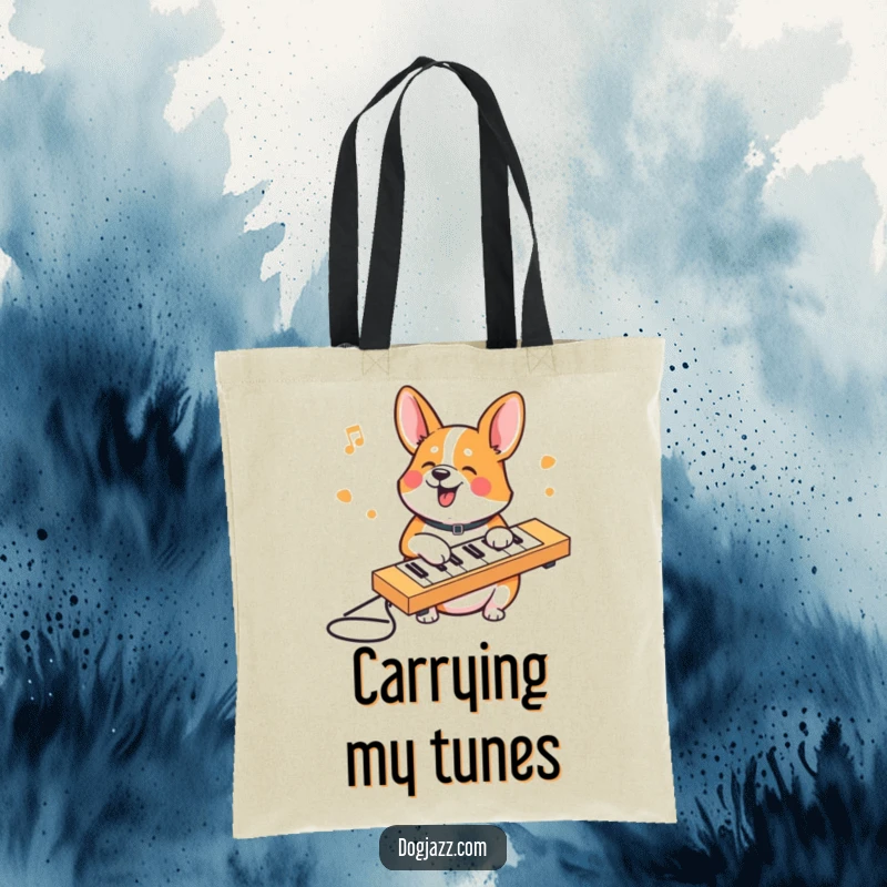 Funny Corgi tote bag showcasing a corgi happily typing on a keyboard, a whimsical and practical accessory.