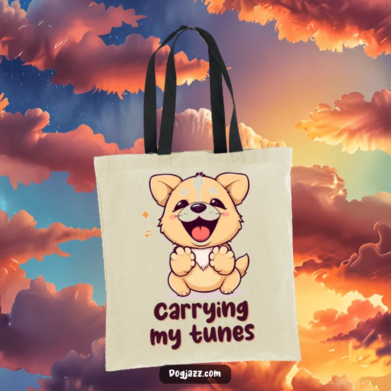 Funny dog happily barking a rhythm with its paws. A humorous tote bag for dog lovers.