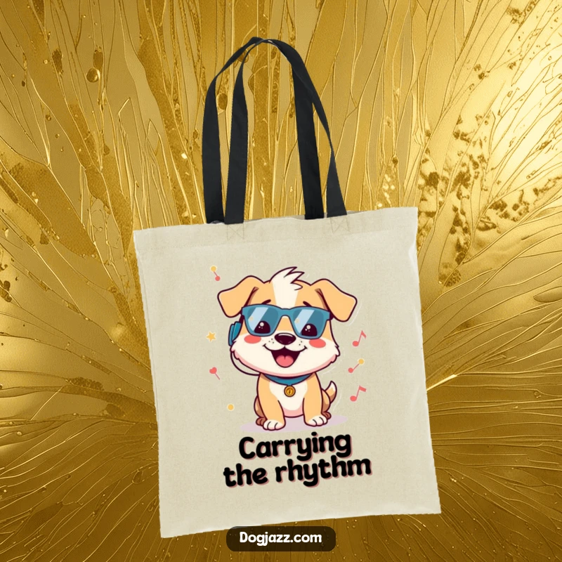 Funny dog tote bag featuring a cheerful dog character bopping its head enthusiastically to a groovy beat, ideal for music lovers on the go.