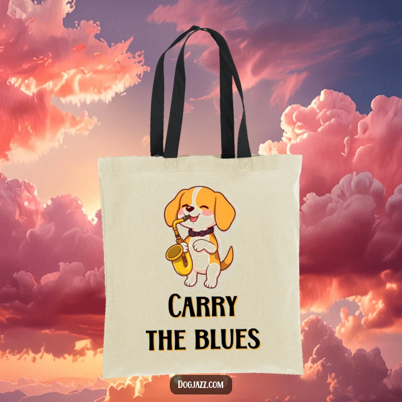 Funny beagle dog playing a saxophone, looking ecstatic, featured on a durable tote bag, a great funny gift.