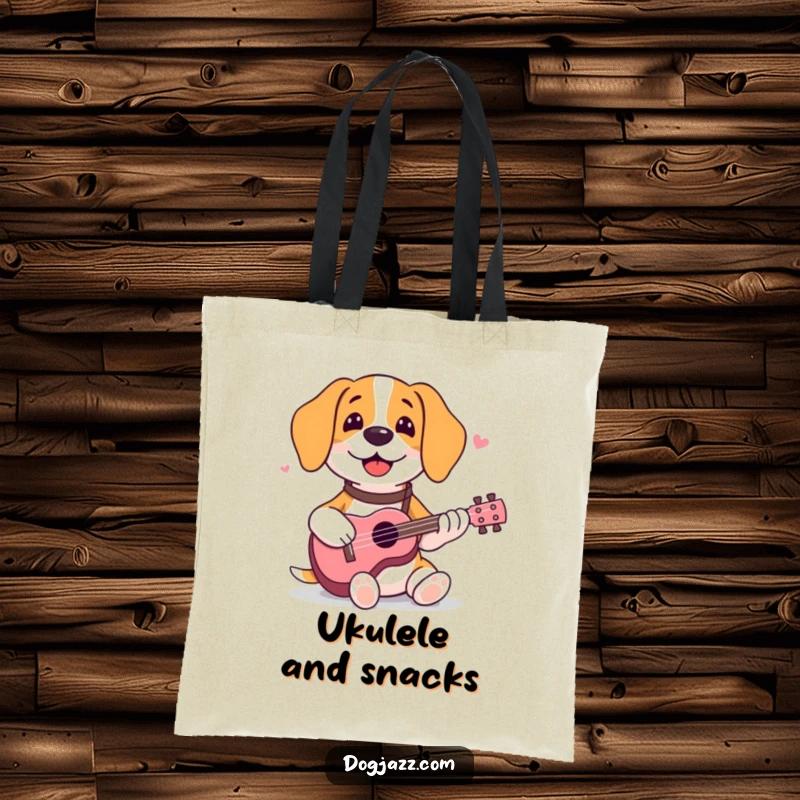 Funny beagle tote bag featuring a happy dog joyfully strumming a ukulele, ready for any musical journey.