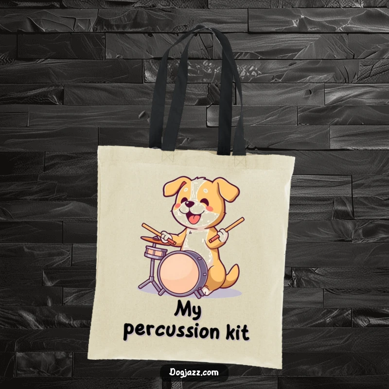 Funny dog energetically playing drums with sticks in paws, a powerhouse drummer on a versatile tote bag.