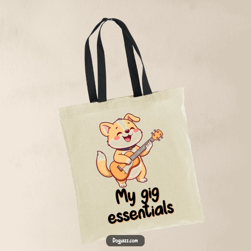 Funny tote bag with a cheerful dog character strumming a guitar and wagging its tail, musical accessory.
