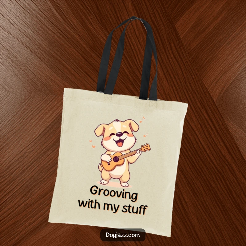 Funny tote bag with a dog character bopping its head to a cool jazz rhythm, musical accessory.