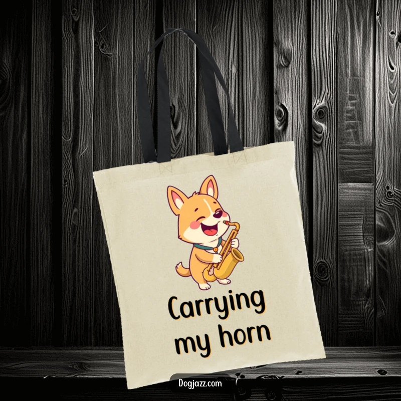 Funny tote bag featuring a happy dog character playing a saxophone with a wide grin, musical accessory.