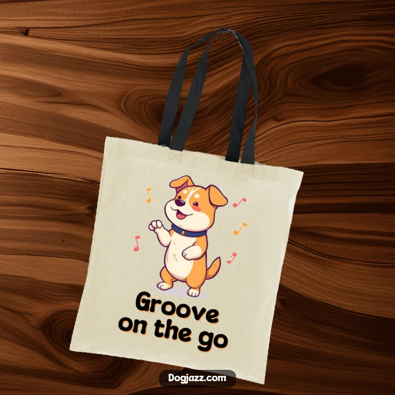Funny Tote Bag showcasing a happy dog whose paws are tapping energetically to a lively musical rhythm, a symbol of joy and movement.