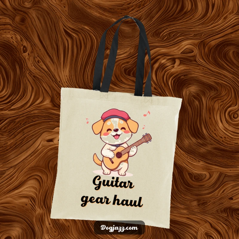 Funny French Dog Guitar Tote Bag with a dog in a beret playing guitar, perfect for carrying music gear and smiles.