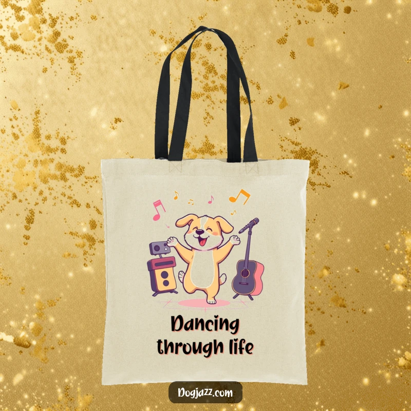 Funny dog dancing to jazz music. A humorous tote bag for music enthusiasts.