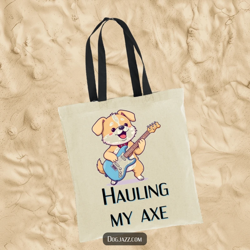 Funny kawaii dog tote bag with a gleeful pup playing an electric guitar, perfect for music lovers and stylish carrying.