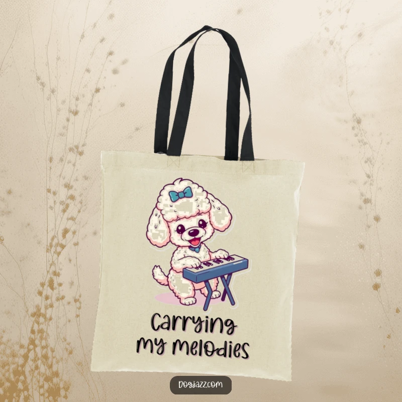 Funny tote bag with an energetic poodle character playing a keyboard, perfect for carrying music gear with a playful vibe.