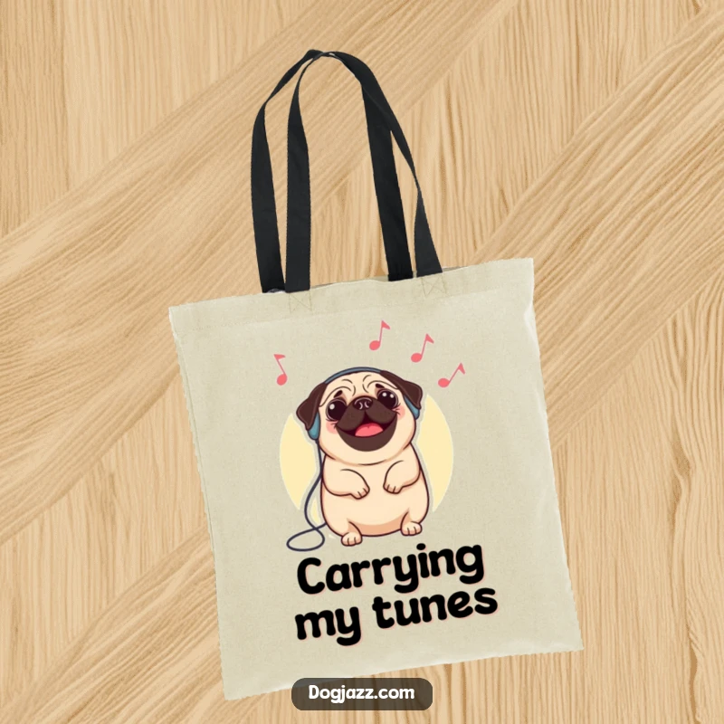 Funny pug tote bag featuring a happy pug in headphones, nodding to imaginary jazz, a vibrant and musical accessory.