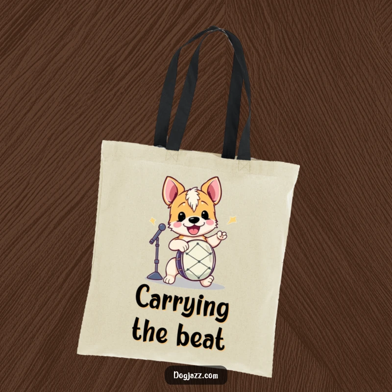 Funny Terrier Drummer Tote Bag with an energetic terrier playing drums, perfect for carrying music gear and smiles.