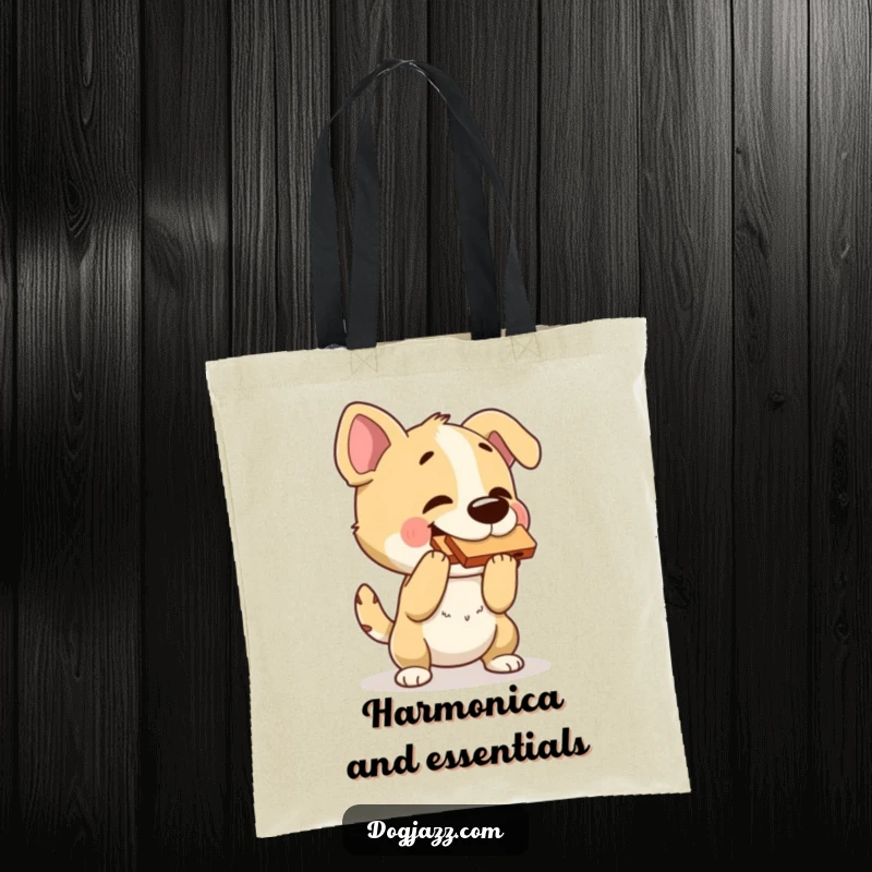 Funny dog tote bag with a dog playing a harmonica and bopping its head, perfect for carrying items with musical flair.