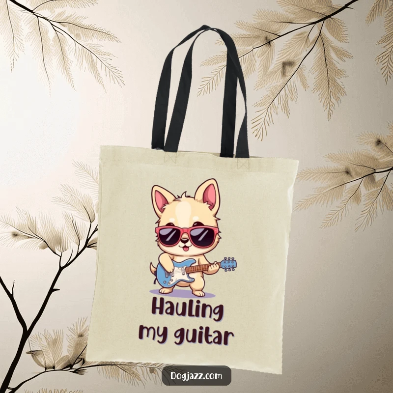 Funny rocker dog tote bag, sunglasses on, playing electric guitar with flair and a laid-back rockstar vibe.