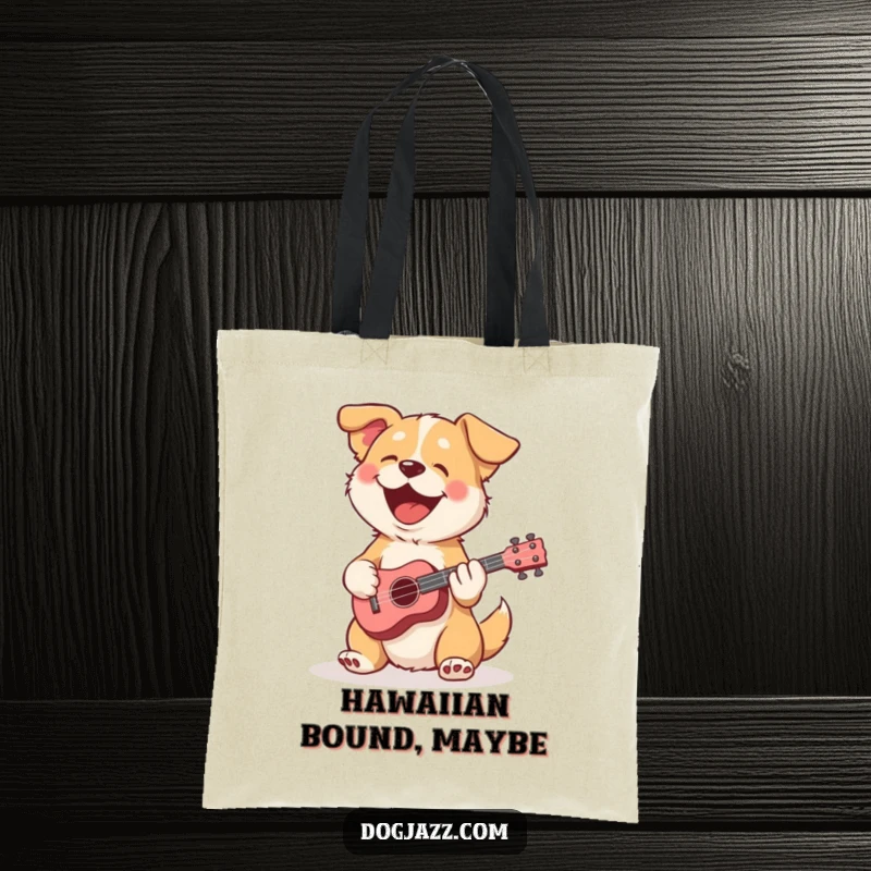 Funny dog tote bag with a dog joyfully playing a small ukulele, perfect for music lovers.