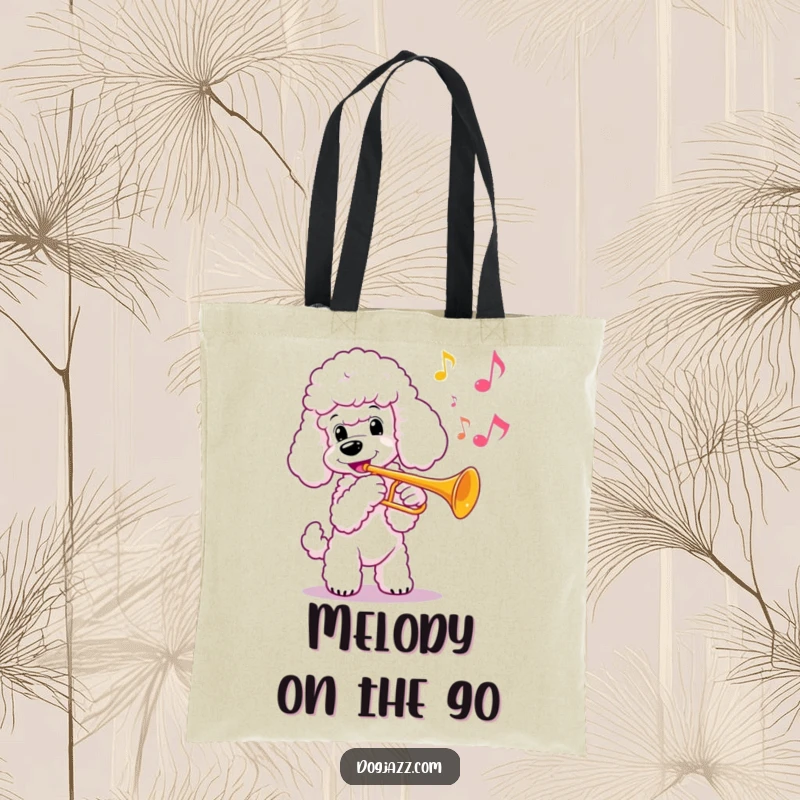Funny poodle playing a trumpet on a durable tote bag, with musical notes, a great funny gift.