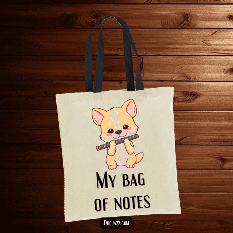 Funny Dog Clarinet Player Tote Bag, a happy dog plays the clarinet with a focused and joyful expression, a music accessory.
