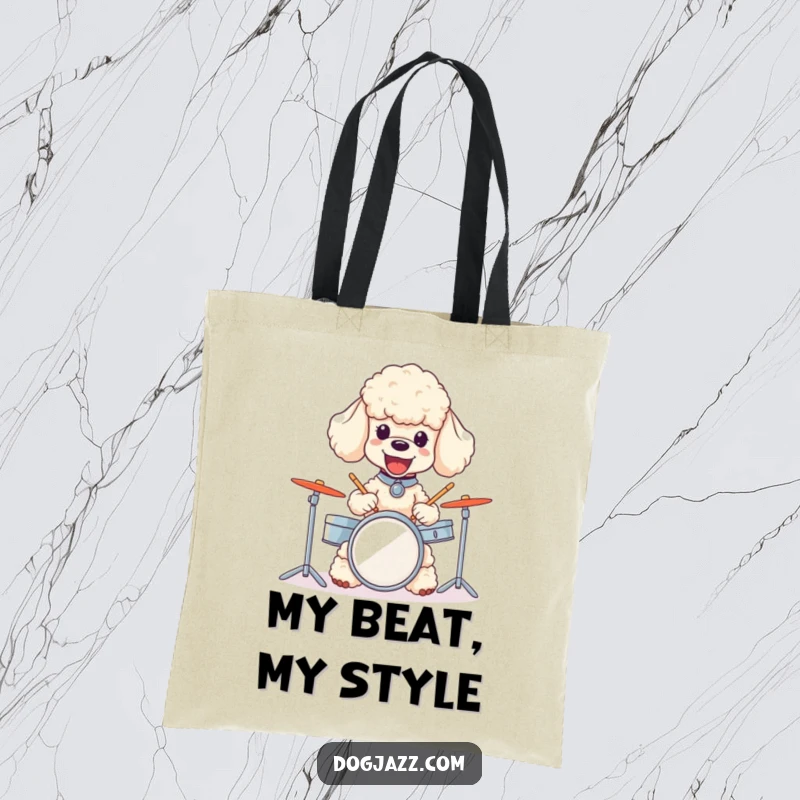 Funny poodle tote bag featuring a happy poodle energetically playing a small drum set with a joyful expression.