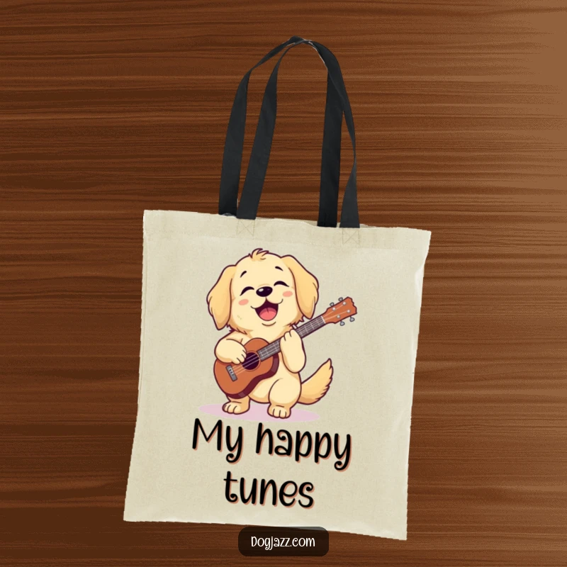 Funny golden retriever strumming a ukulele on a durable tote bag, full of happiness, a great funny gift.