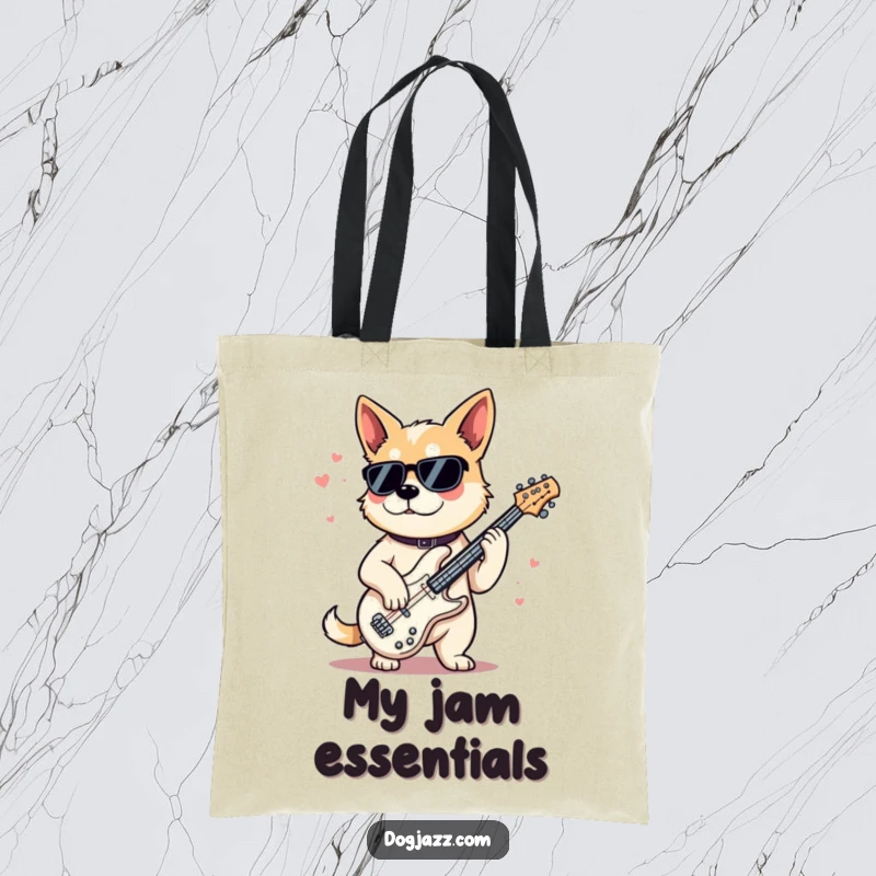 Funny Tote Bag featuring a cool dog playing a jazz bass, designed for music lovers who appreciate smooth jazz and stylish accessories.