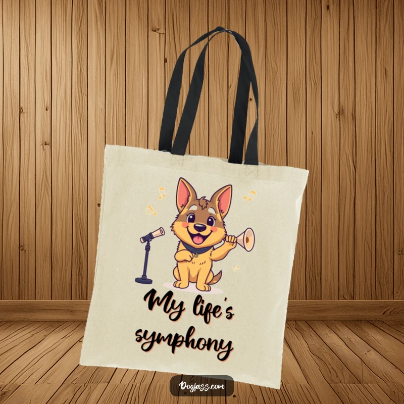 Funny German Shepherd Tote Bag: A happy German Shepherd conducting a band, perfect for carrying music sheets or daily items.