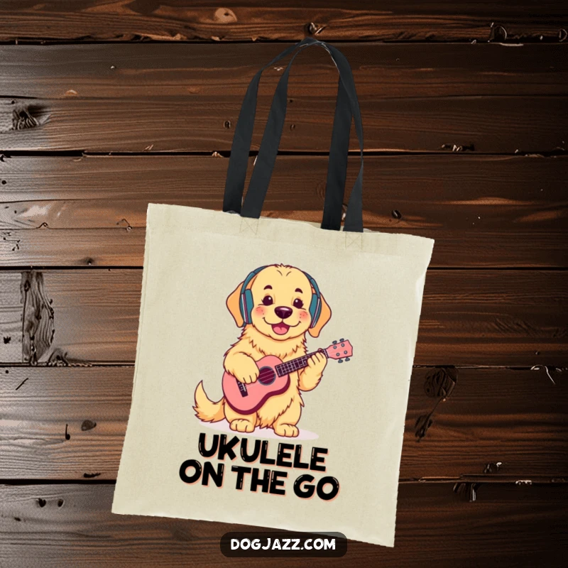 Funny Golden Retriever Ukulele Tote Bag: A cool golden retriever wearing headphones, strumming a ukulele, perfect for carrying essentials.